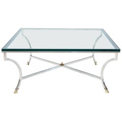 Square Chrome and Brass Hoof Feet Base Coffee Table Thick Glass Top