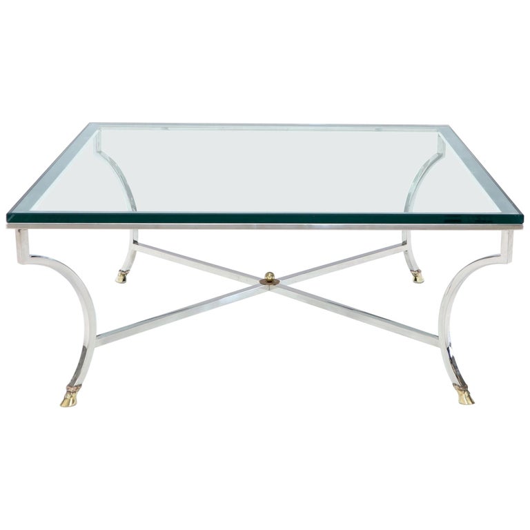 Square Chrome and Brass Hoof Feet Base Coffee Table Thick Glass Top For