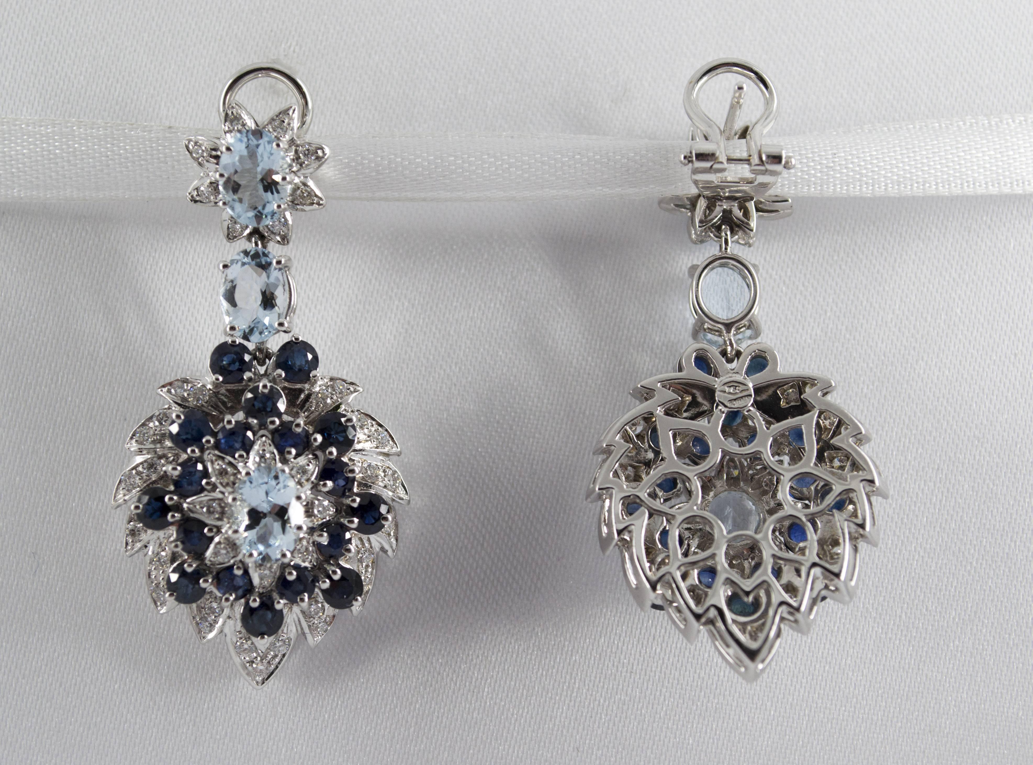 10.10 Carat White Diamond Blue Sapphire Aquamarine White Gold Clip-On Earrings In New Condition In Naples, IT