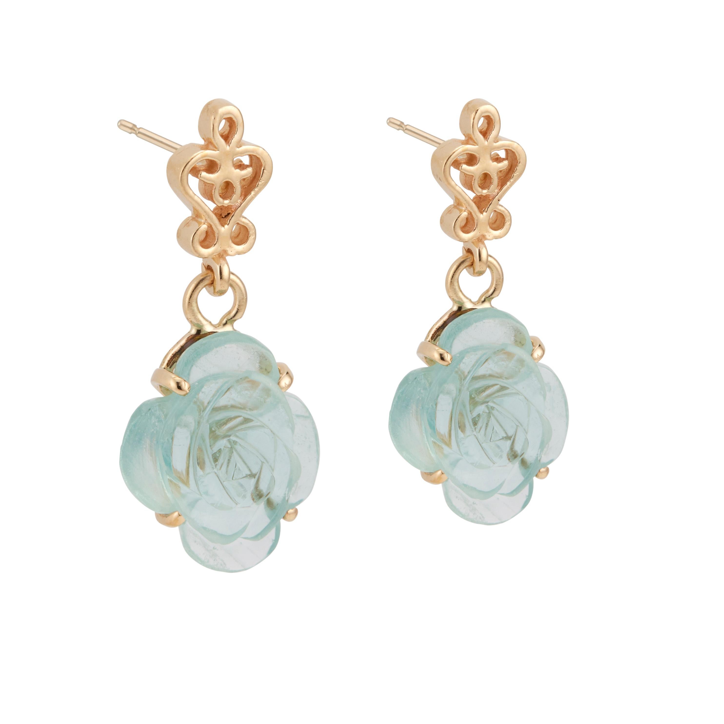 Round Cut 4.00 Carat Aquamarine Yellow Gold Flower Dangle Earrings For Sale