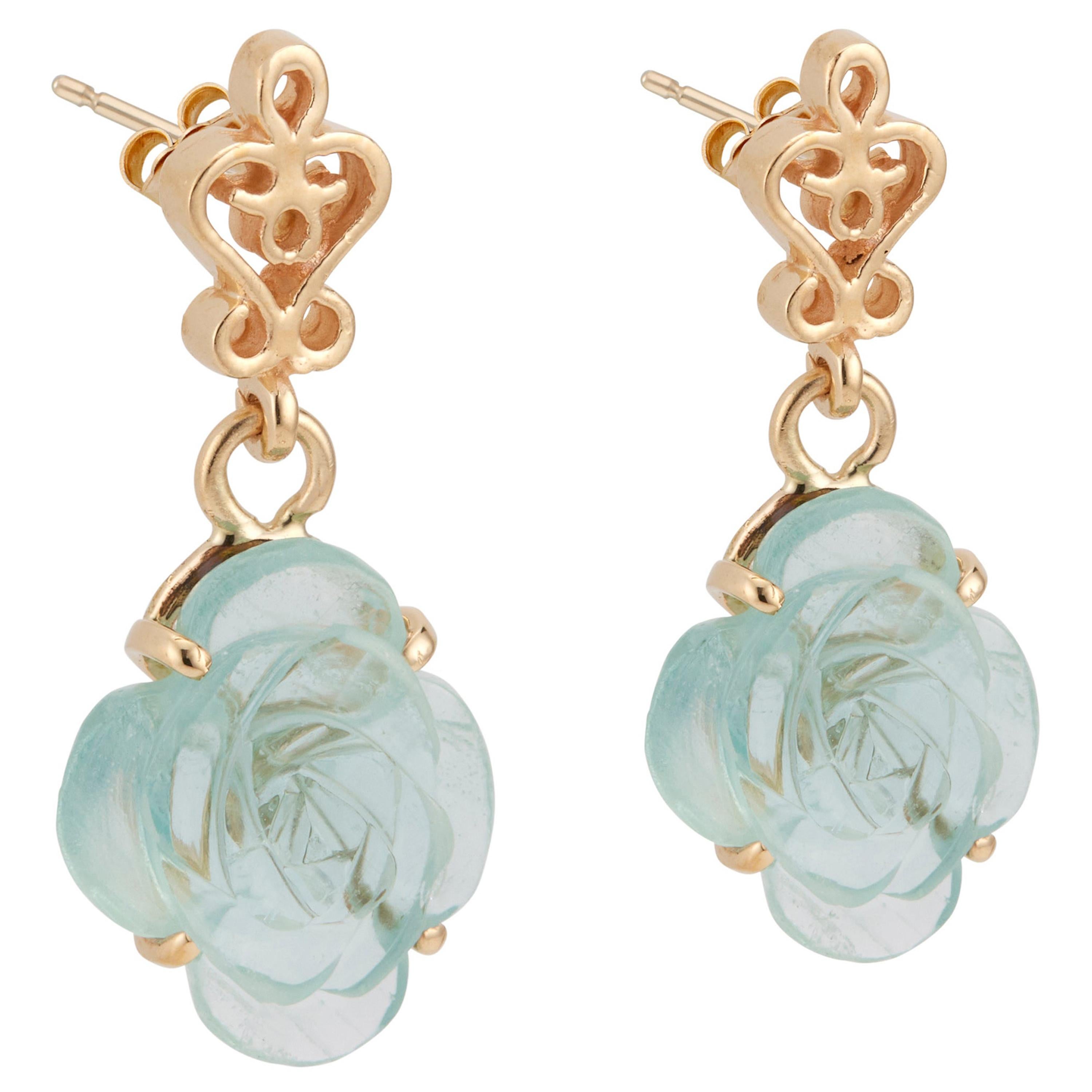 4.00 Carat Aquamarine Yellow Gold Flower Dangle Earrings For Sale