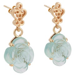 Retro 4.00 Carat Aquamarine Yellow Gold Flower Dangle Earrings