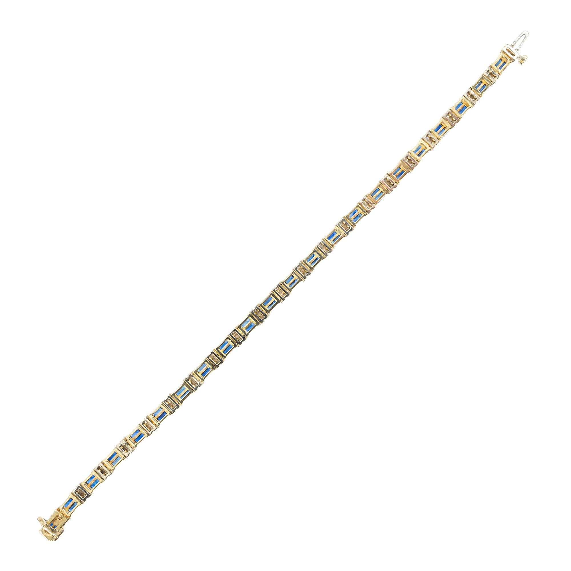4.00 Carat Baguette Sapphire Round Diamond Two Tone Gold Link Bracelet Excellent état - En vente à Stamford, CT