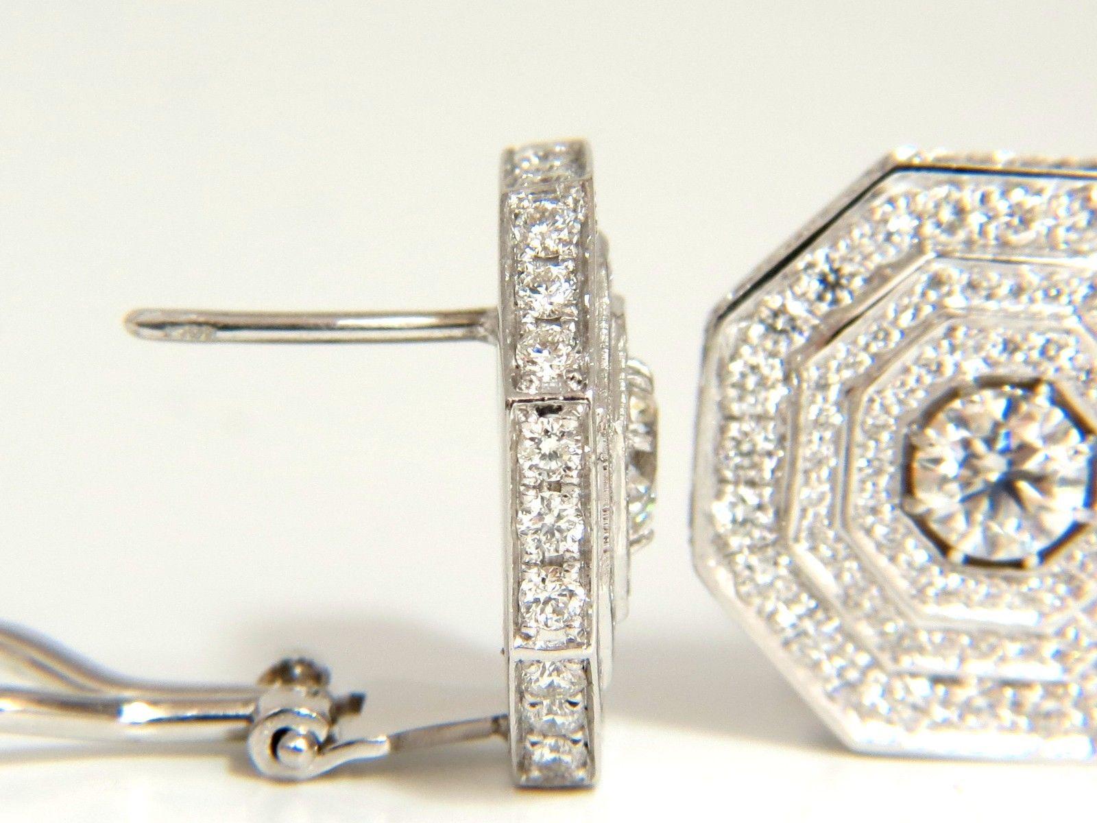 Round Cut 4.00 Carat Bead Set Architectural Octagonal Step Diamonds Clip Earrings 18 Karat For Sale