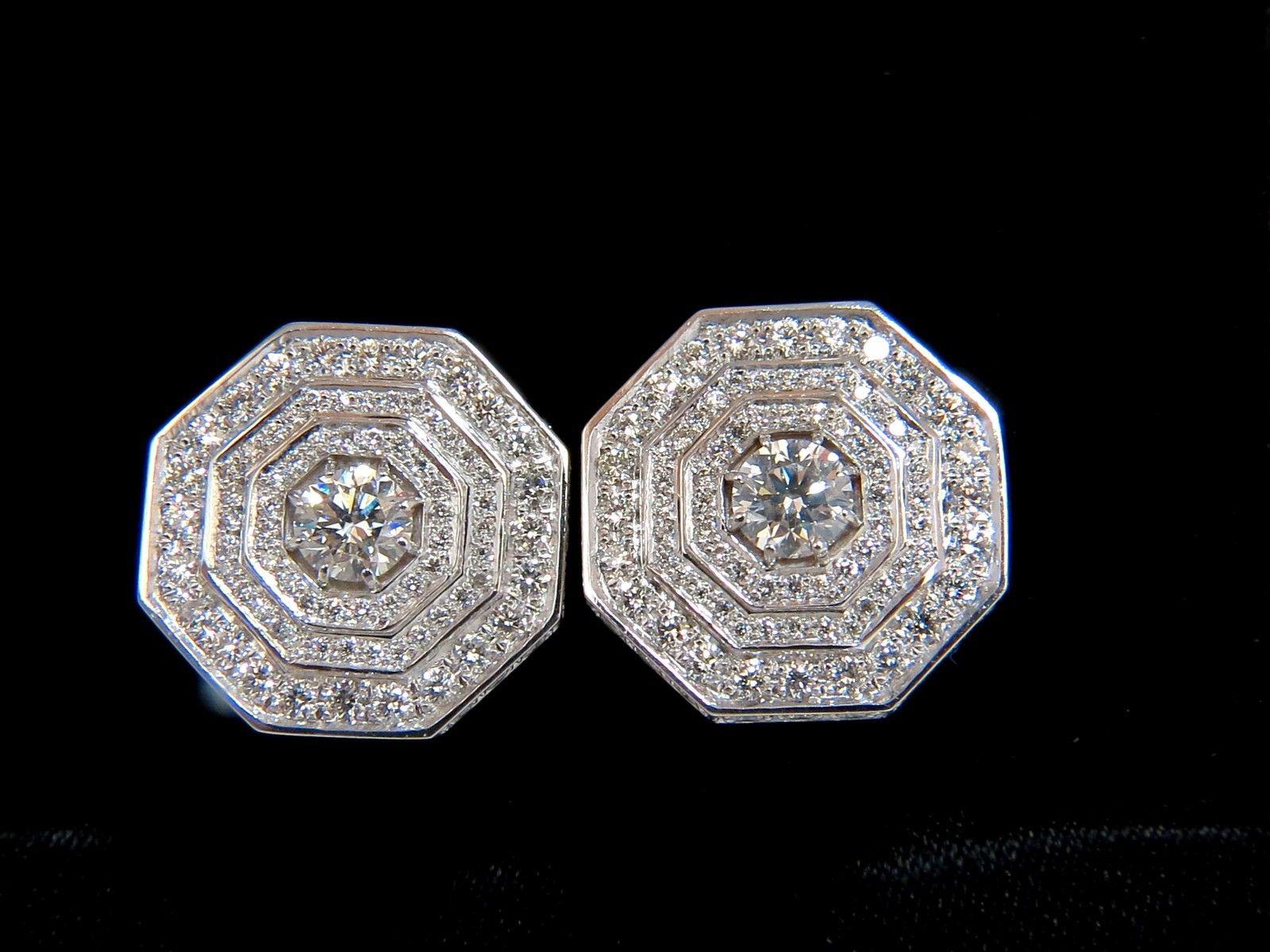 Women's or Men's 4.00 Carat Bead Set Architectural Octagonal Step Diamonds Clip Earrings 18 Karat For Sale