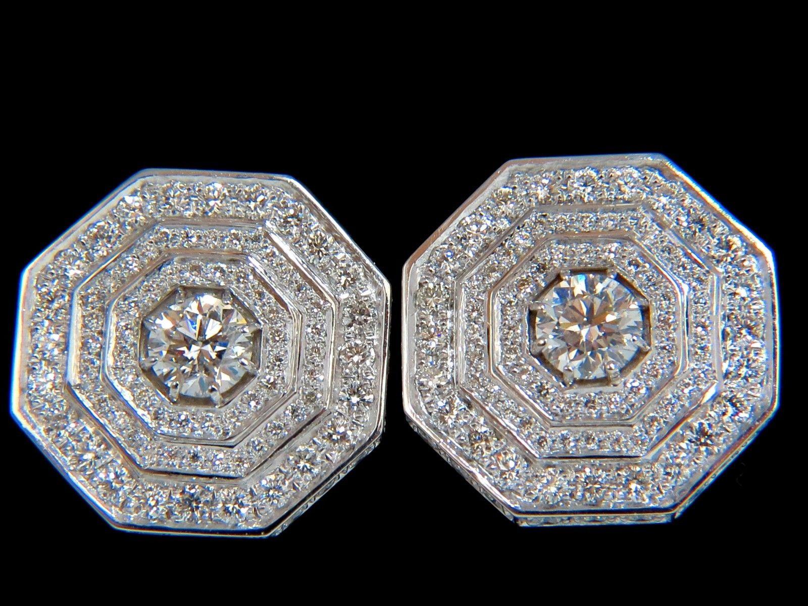 4.00 Carat Bead Set Architectural Octagonal Step Diamonds Clip Earrings 18 Karat For Sale 3