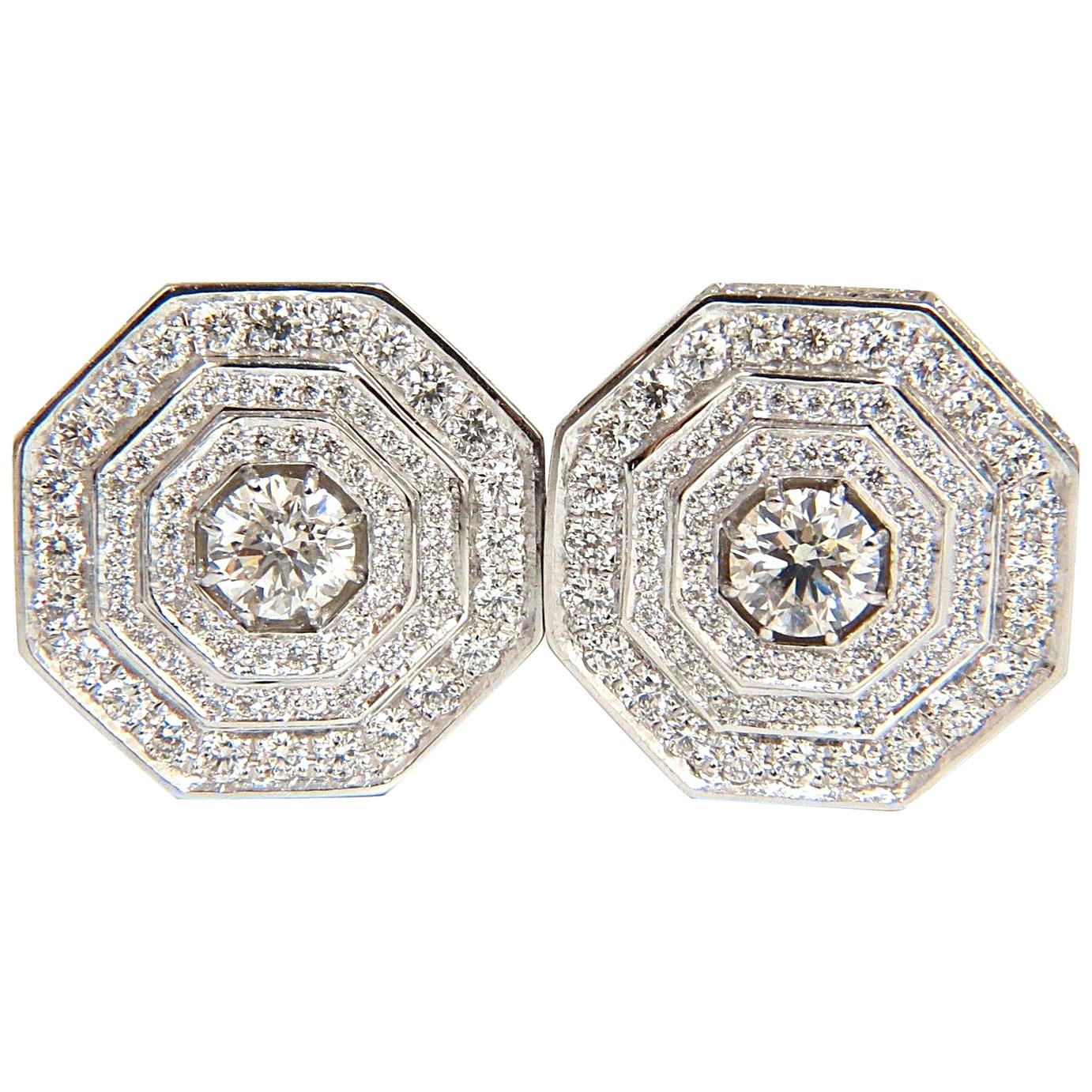 4.00 Carat Bead Set Architectural Octagonal Step Diamonds Clip Earrings 18 Karat For Sale