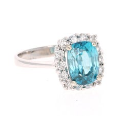 4.00 Carat  Natural Blue Zircon Diamond White Gold Ring
