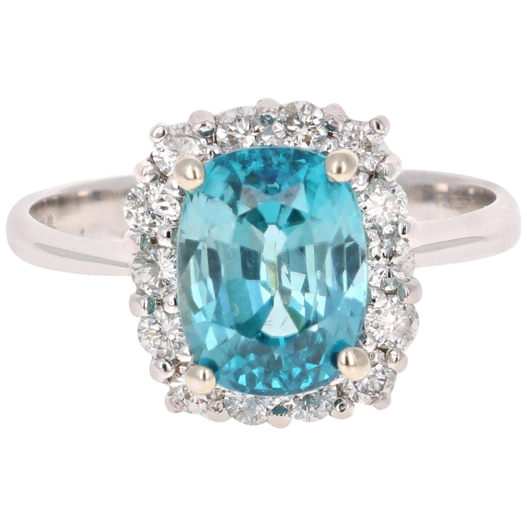 4.00 Carat  Natural Blue Zircon Diamond White Gold Ring For Sale