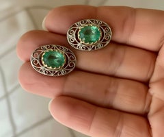 4.00 Carat Colombian Emerald Platinum 18K Antique Style Earrings