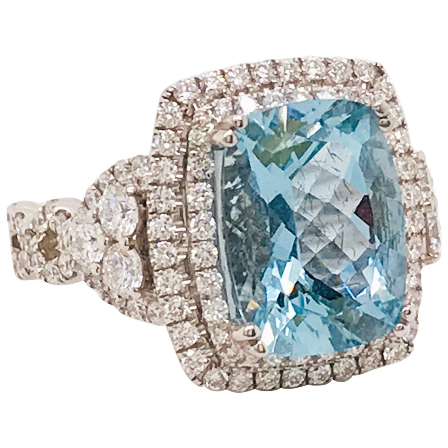 4.00 Carat Cushion Aquamarine, 1.25 Carats of Diamonds, Aqua in 18K White Gold For Sale