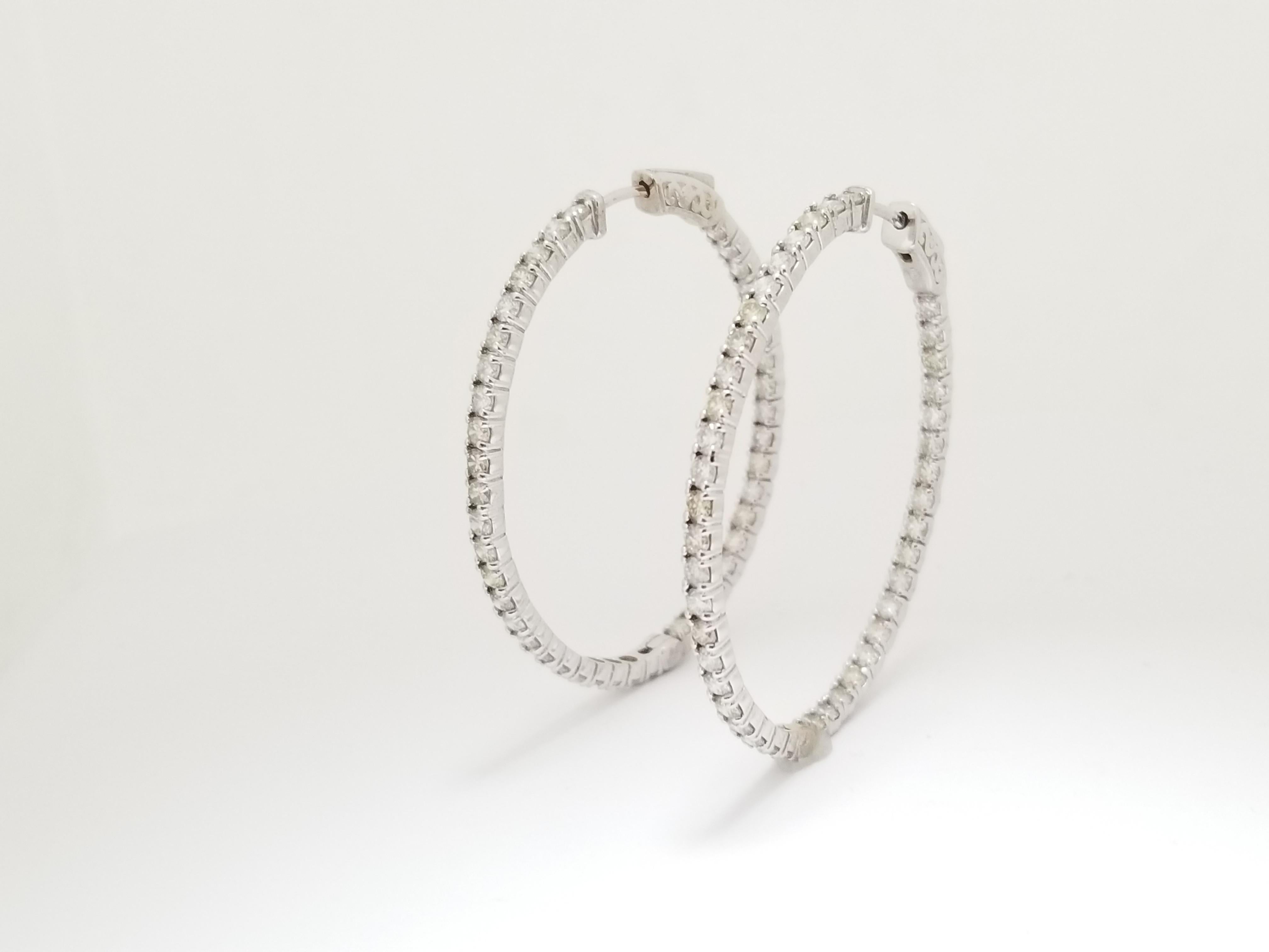 Round Cut 4 Carat Diamond Oval Hoop Earrings 14 Karat White Gold