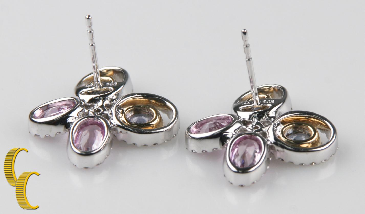 Gorgeous 14k White & Yellow Gold Butterfly Earrings
Feature Oval Pink Sapphires in Round Diamond Bezel
Feature Oval Lavender Sapphires in Double Round Diamond Bezel (One is Yellow Gold, the other is White Gold)
Total Weight of All Stones =