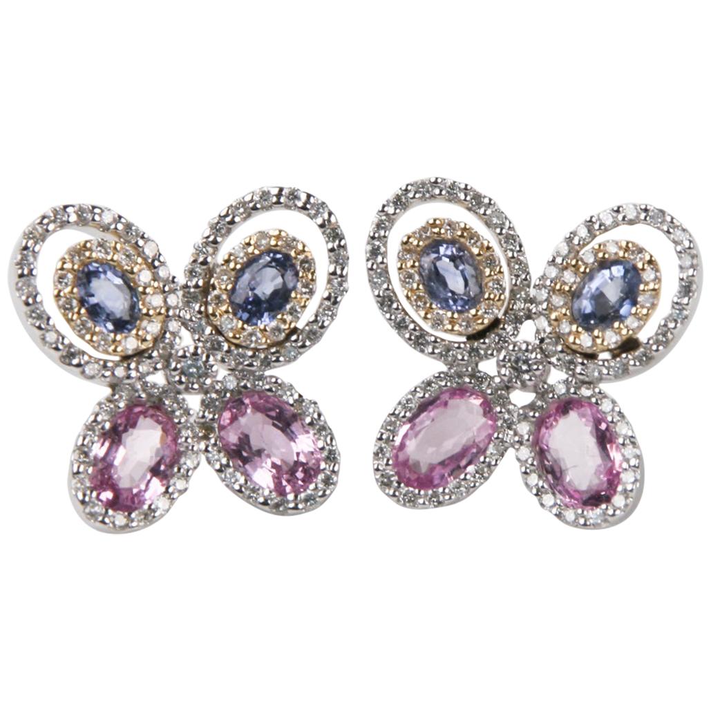 4.00 Carat Diamond & Sapphire Butterfly Stud Earrings in 14k White & Yellow Gold For Sale