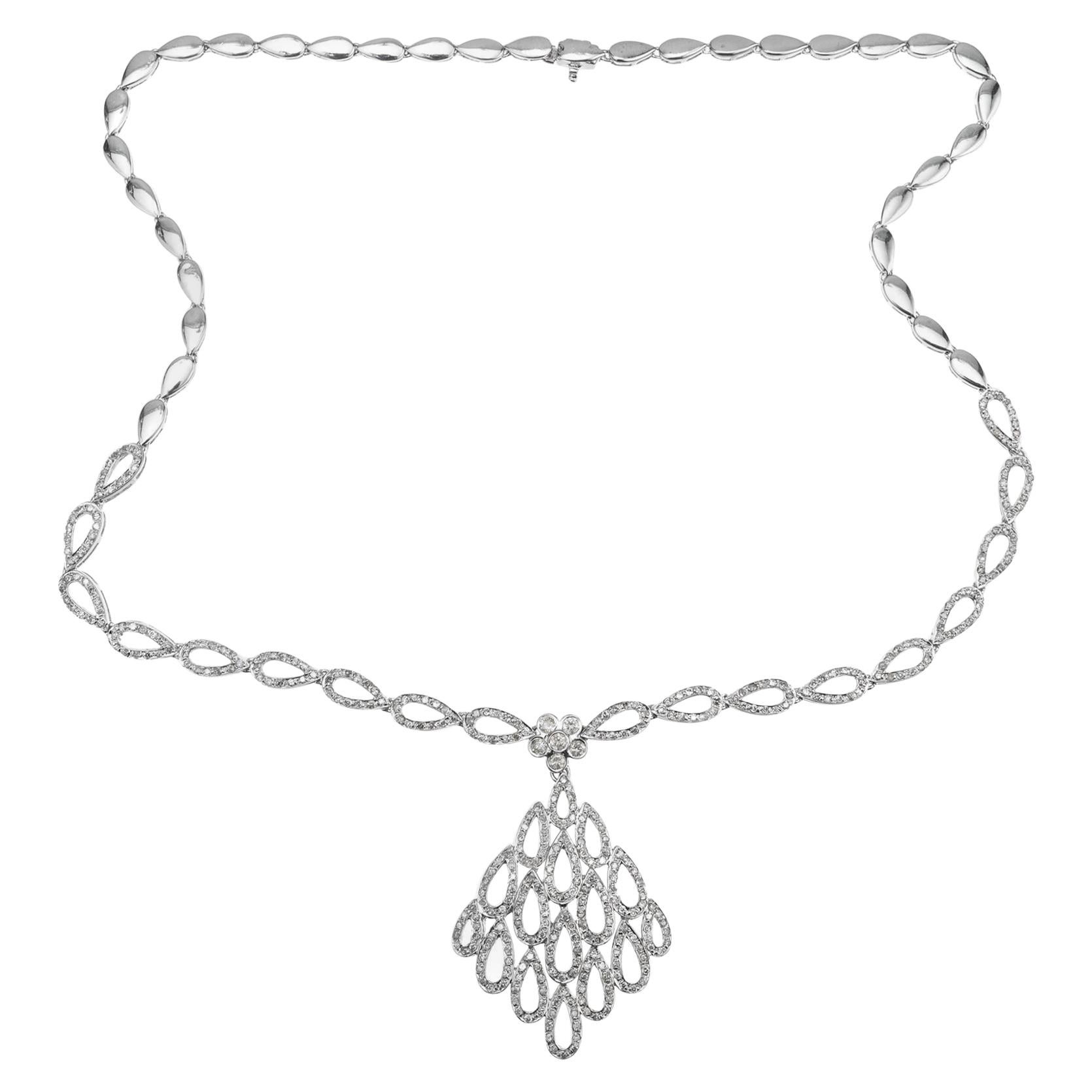 4.00 Carat Diamond White Gold Tear Drop Link Pendant Necklace For Sale