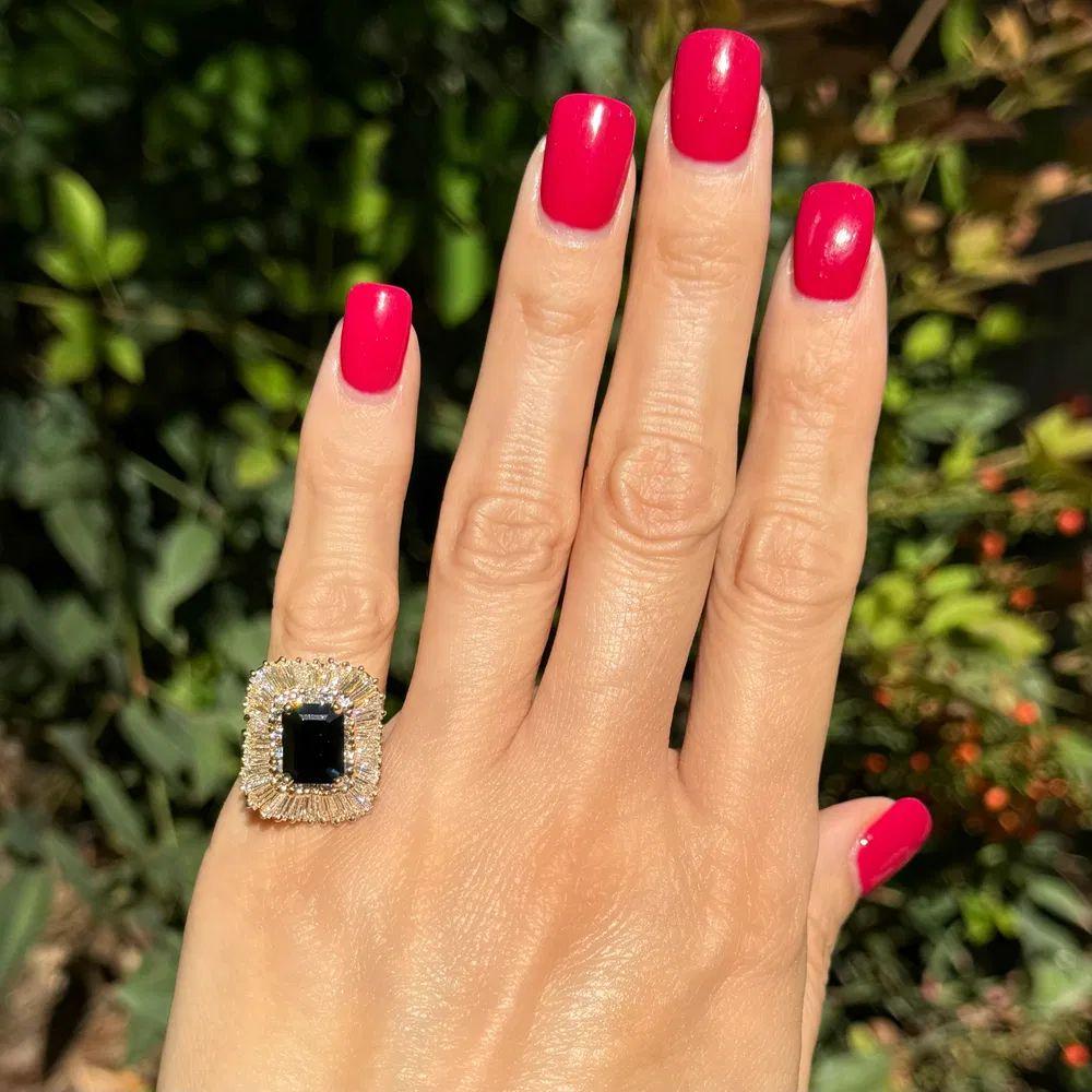 Modernist 4.00 Carat Emerald-Cut Sapphire and Diamond Gold Statement Cocktail Ring For Sale