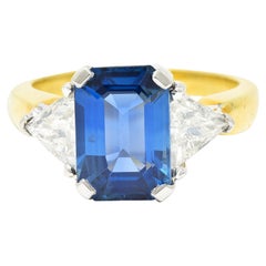 4.00 Carat Emerald Cut Sapphire Trillion Cut Diamond Platinum 18 Karat Gold Ring