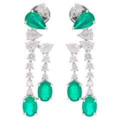 4.00 Carat Emerald Gemstone Dangle Earrings 2.14 Carat Diamond 18k White Gold
