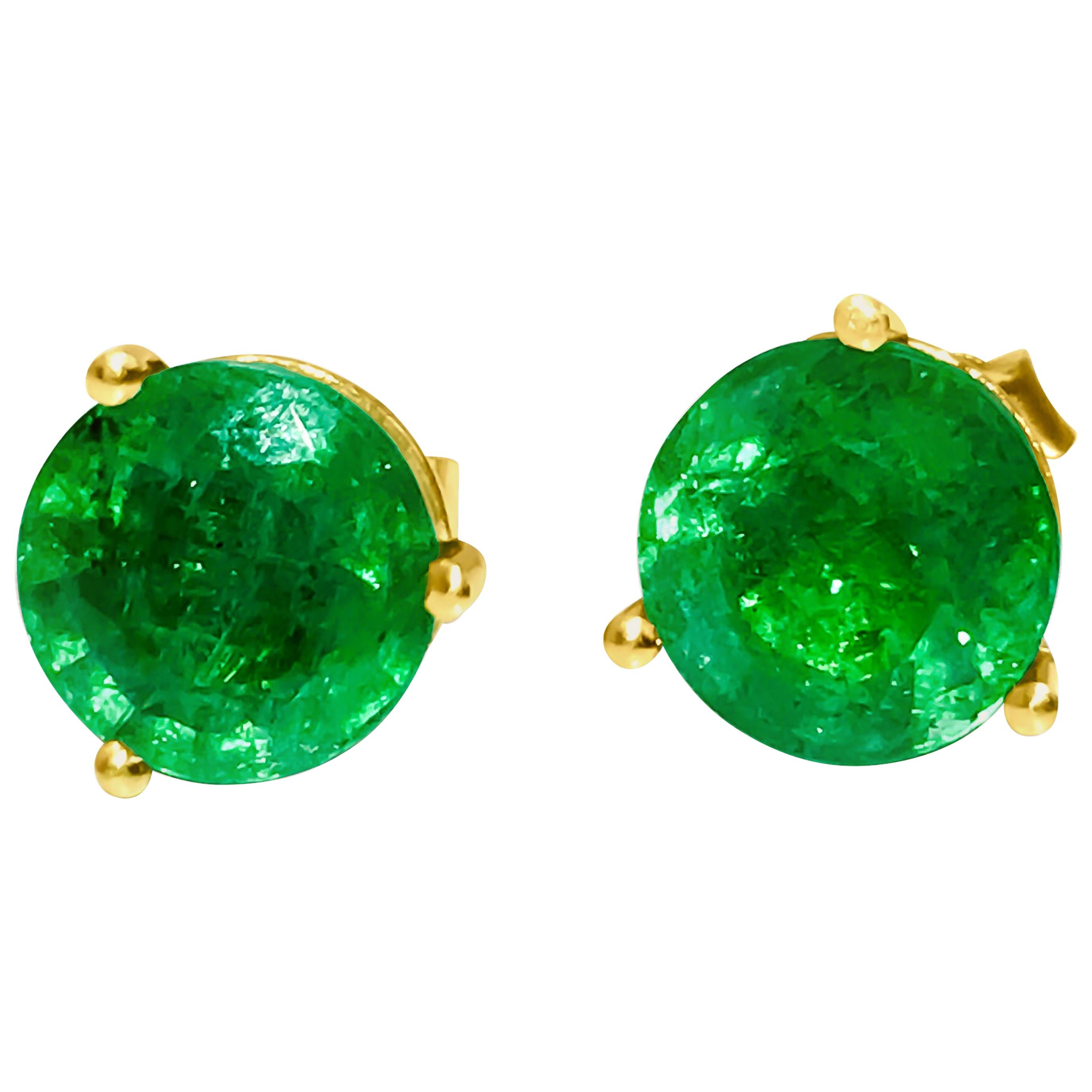 4.00 Carat Emerald Martini Style Pushback Studs in Yellow Gold For Sale