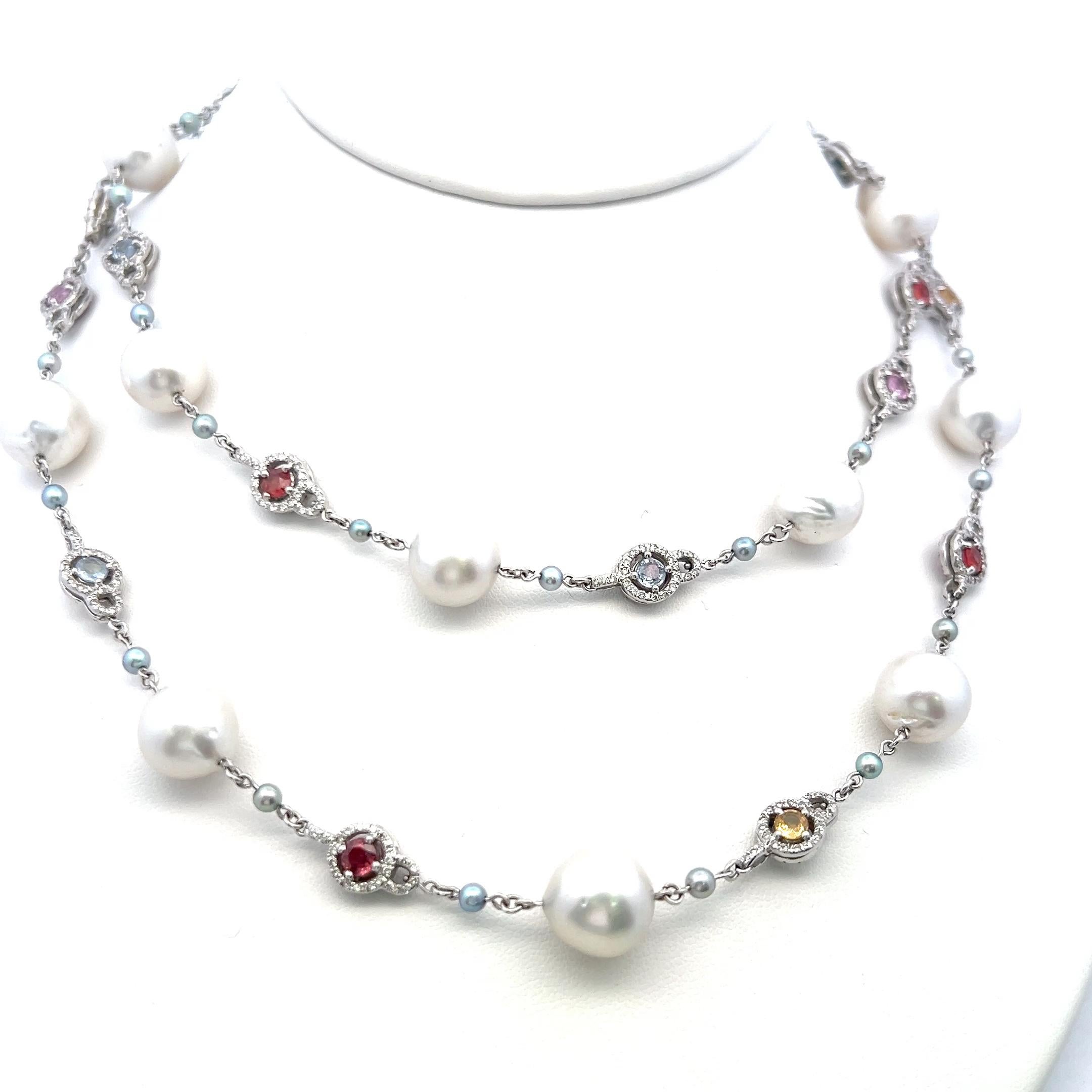 4,00 Carati Multi Gemme 3-11,7MM Perla 1,56 Carati Diamante 18K WG Collana Station In condizioni buone in vendita a New York, NY