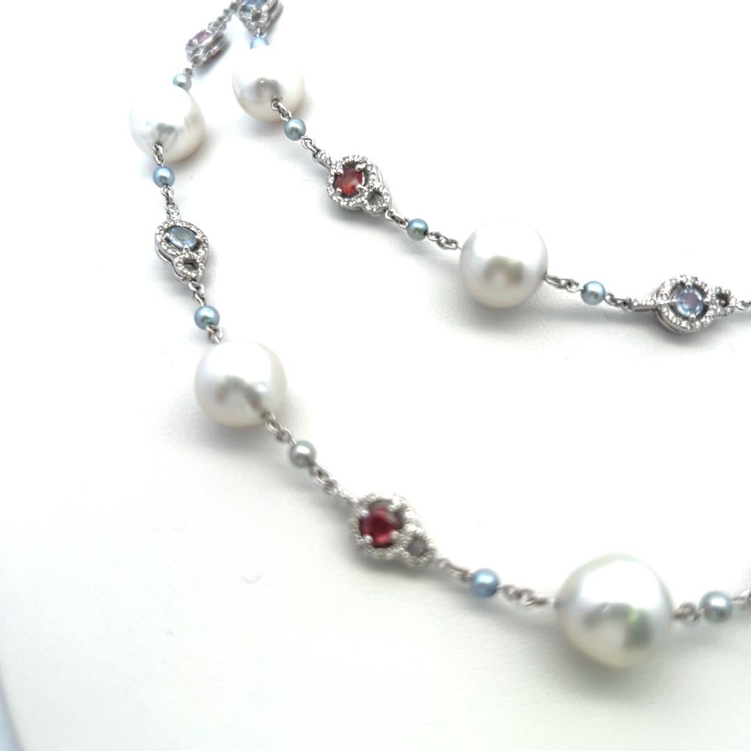 Donna 4,00 Carati Multi Gemme 3-11,7MM Perla 1,56 Carati Diamante 18K WG Collana Station in vendita