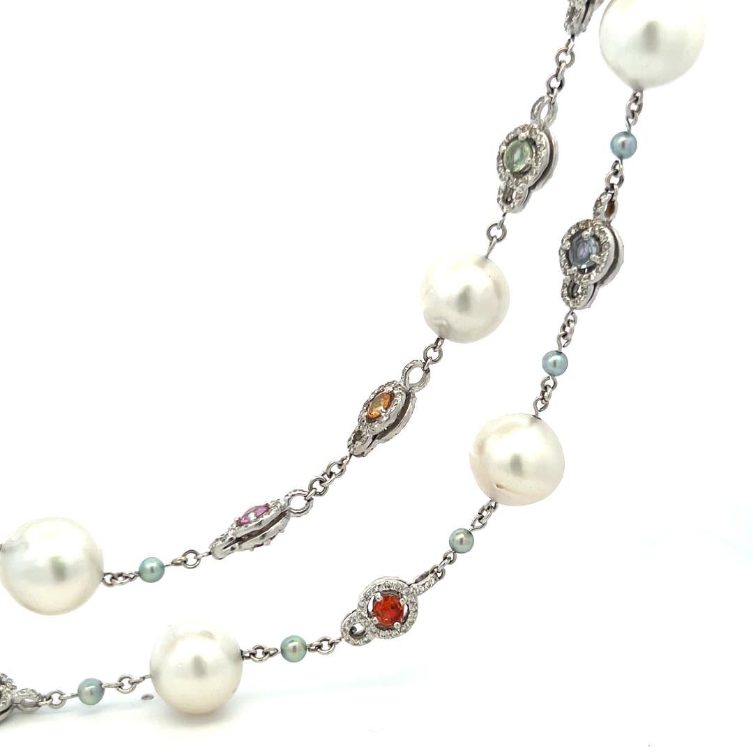 4,00 Carati Multi Gemme 3-11,7MM Perla 1,56 Carati Diamante 18K WG Collana Station in vendita 4