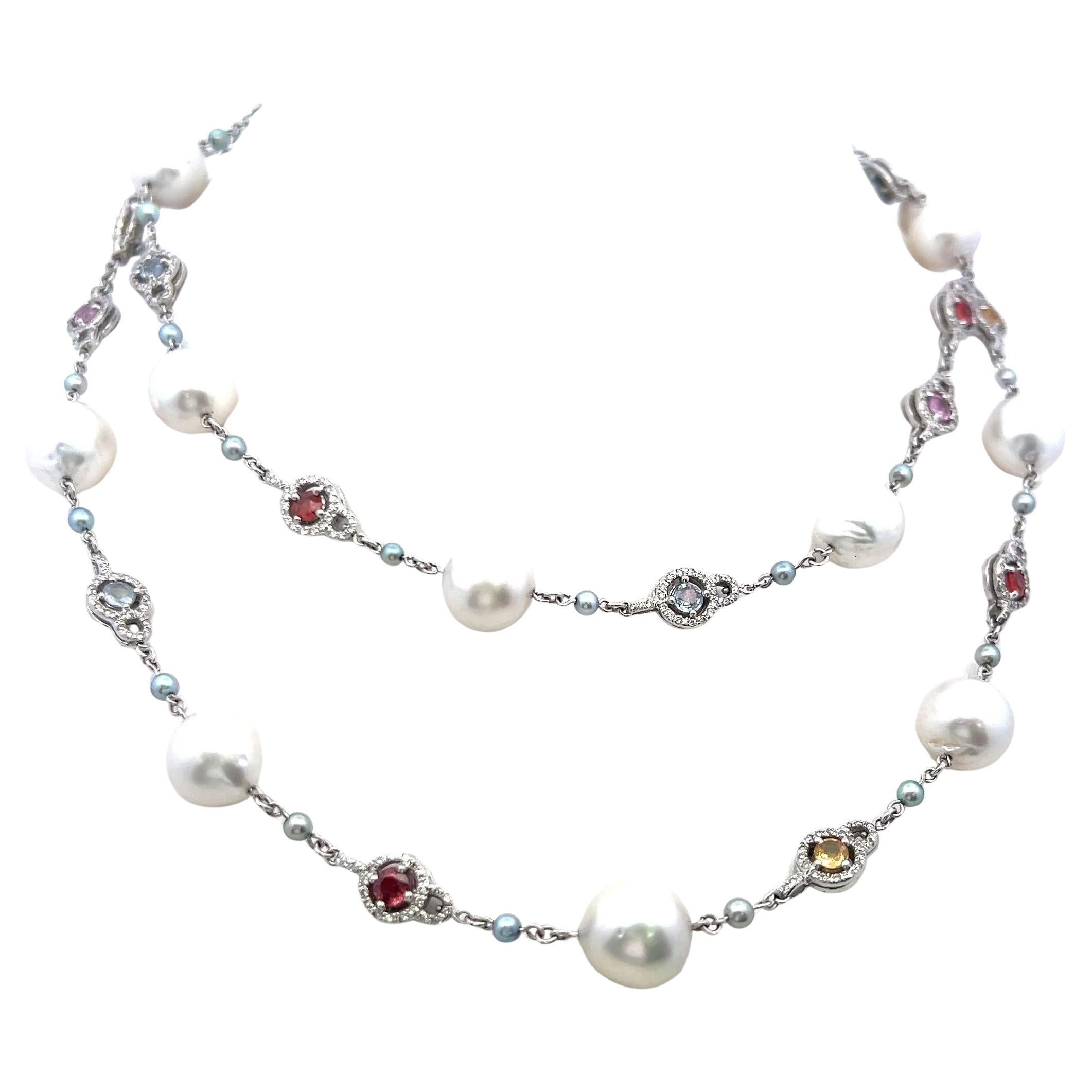 4.00 Carat Multi-Gems 3-11.7MM Pearl 1.56 Carat Diamond 18K WG Station Necklace