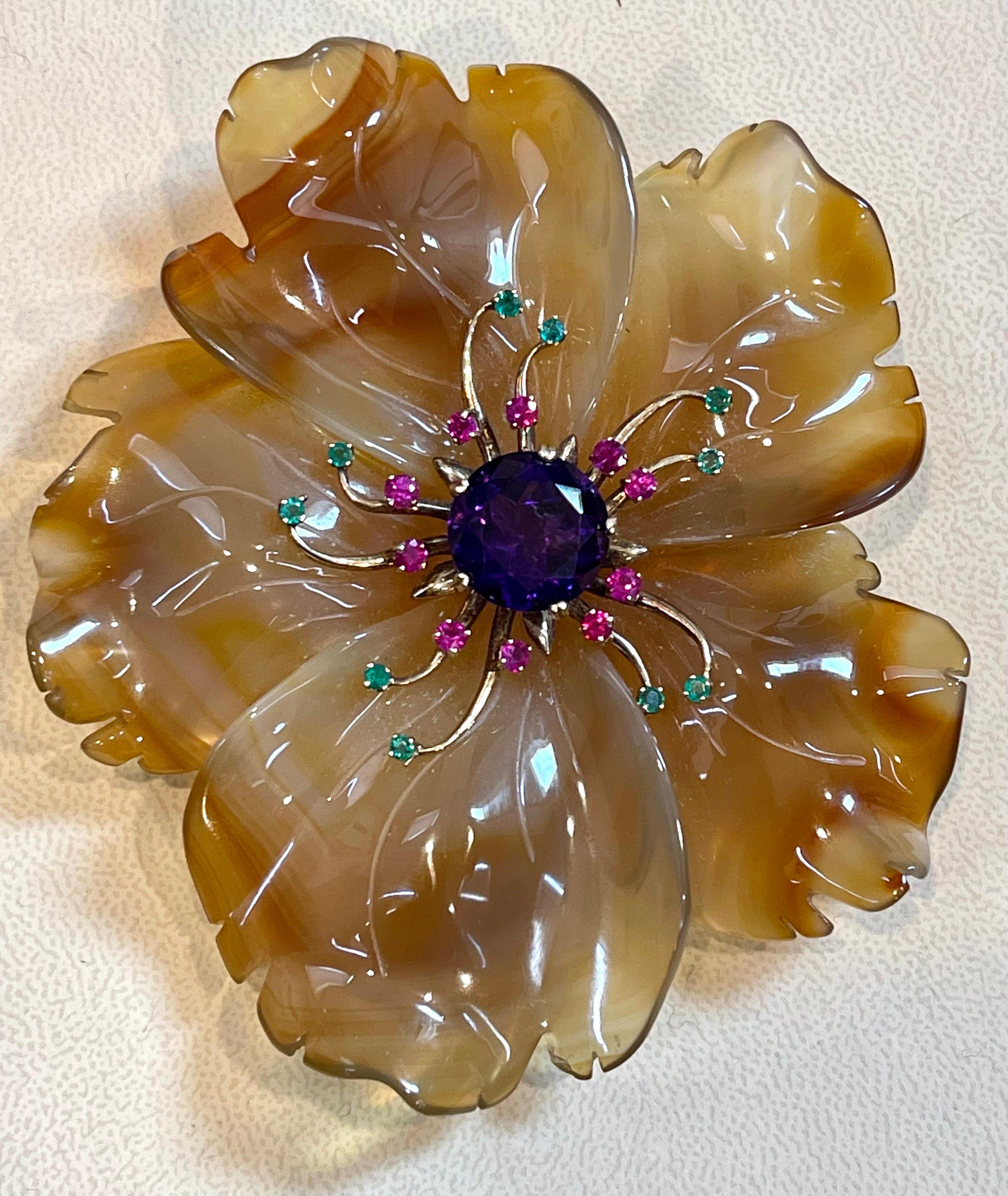 400 Carat Natural Agate, Amethyst, Ruby  and Emerald Big Flower Pin 14K Gold For Sale 2