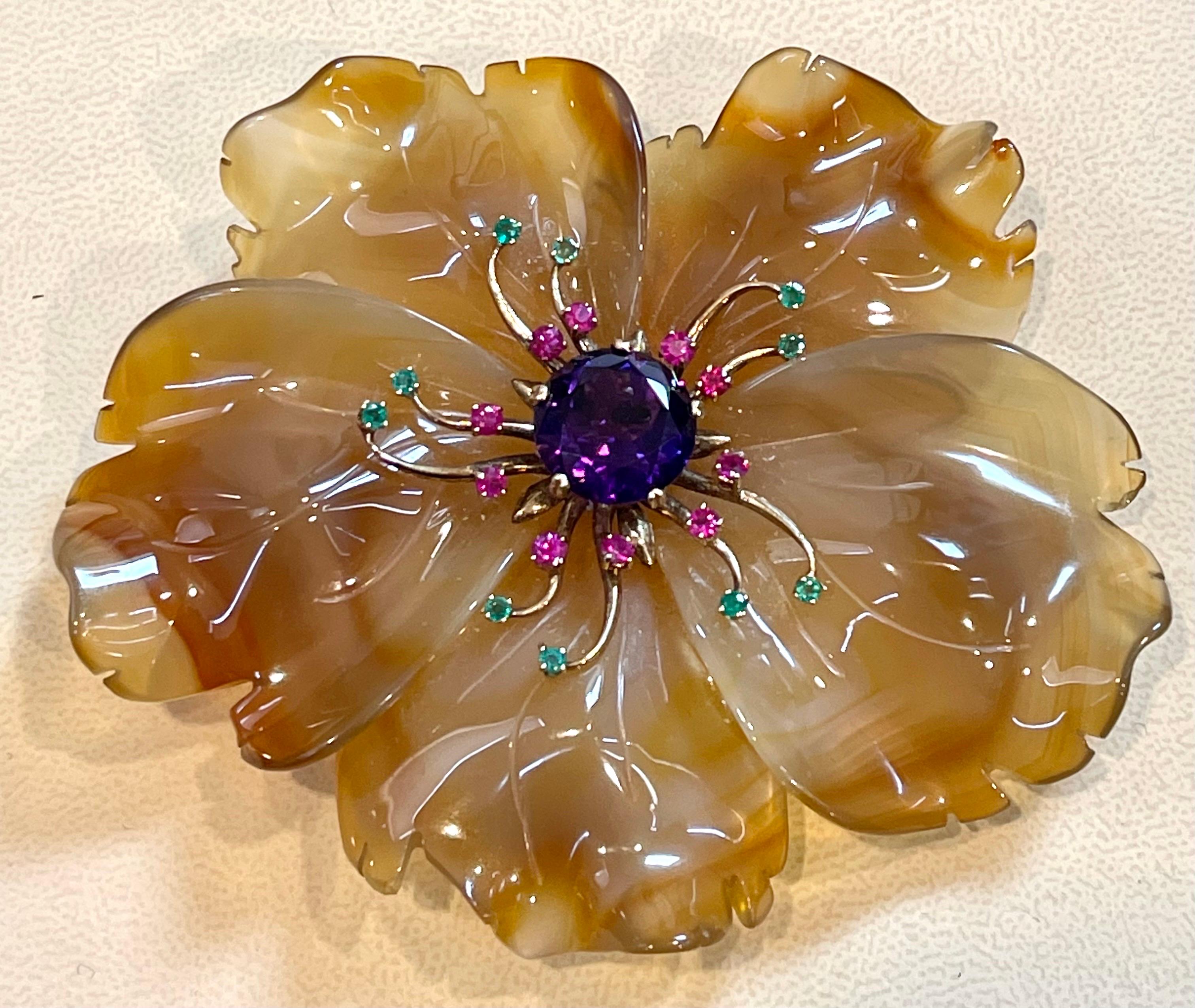 400 Carat Natural Agate, Amethyst, Ruby  and Emerald Big Flower Pin 14K Gold For Sale 3