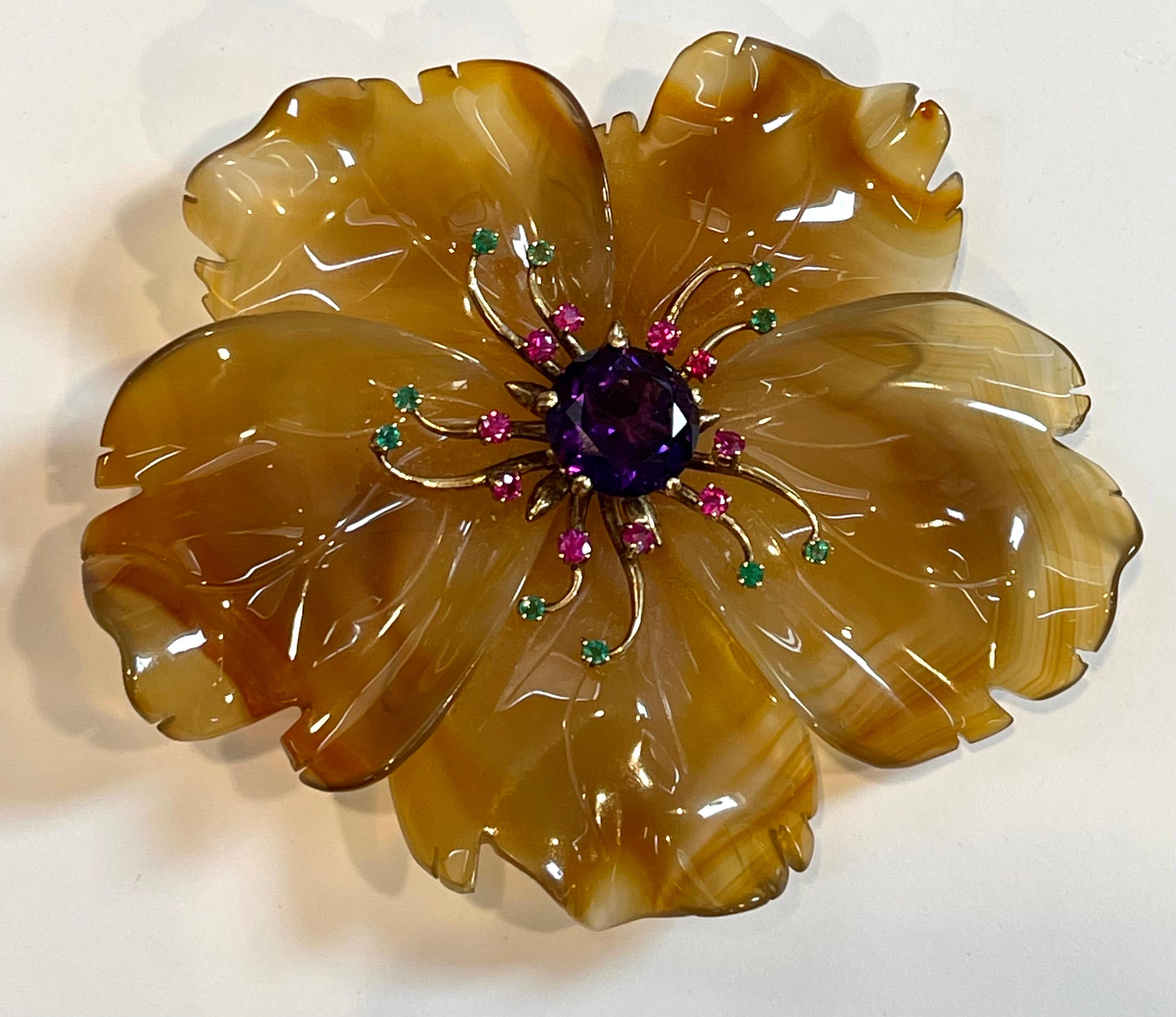 400 Carat Natural Agate, Amethyst, Ruby  and Emerald Big Flower Pin 14K Gold For Sale 4