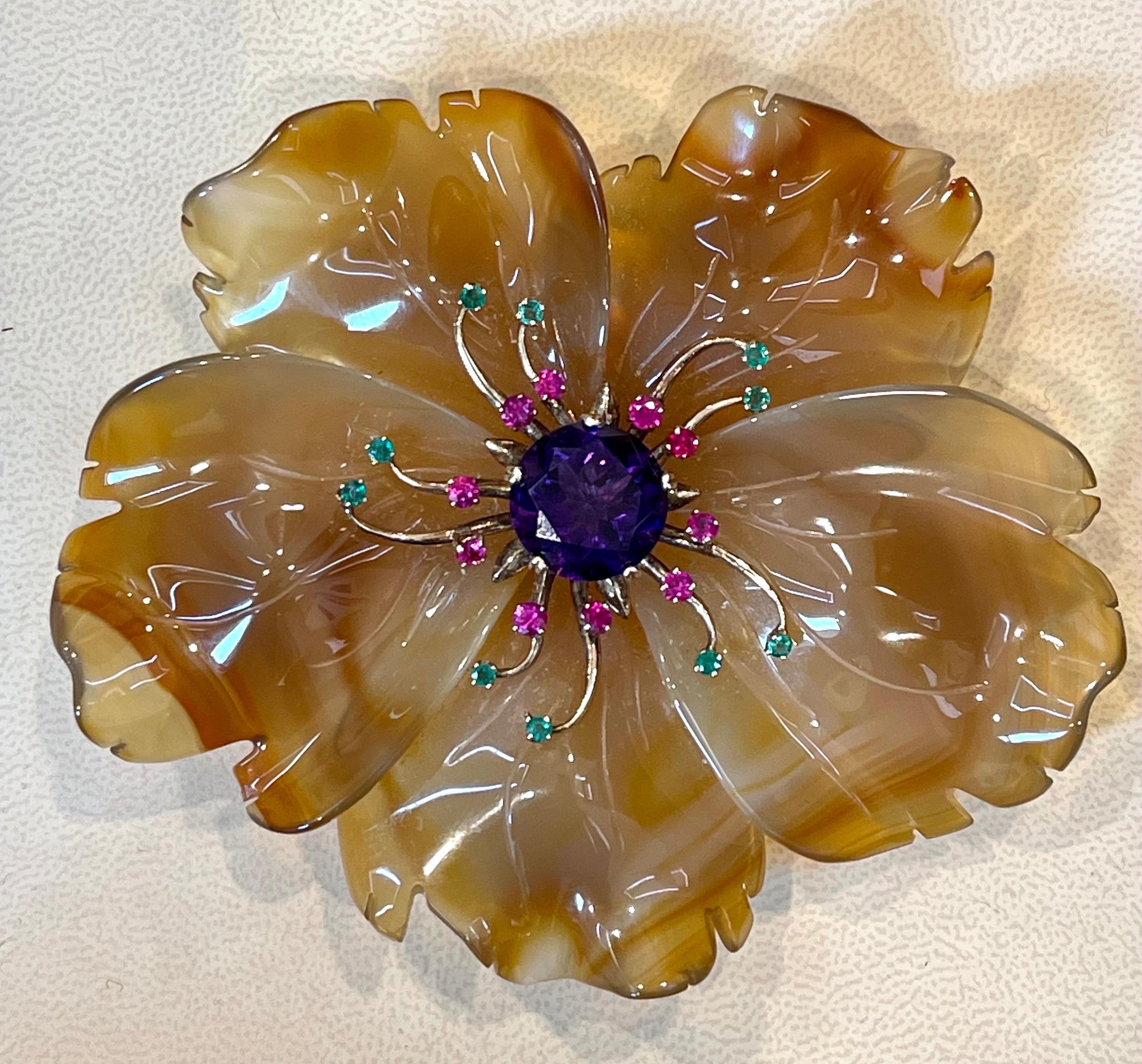 400 Carat Natural Agate, Amethyst, Ruby  and Emerald Big Flower Pin 14K Gold, Estate yellow Gold 
This spectacular Pin consisting of a 5 leaves of agate
In the center , there is a round natural Amethyst approximately 10 ct with some rubies and