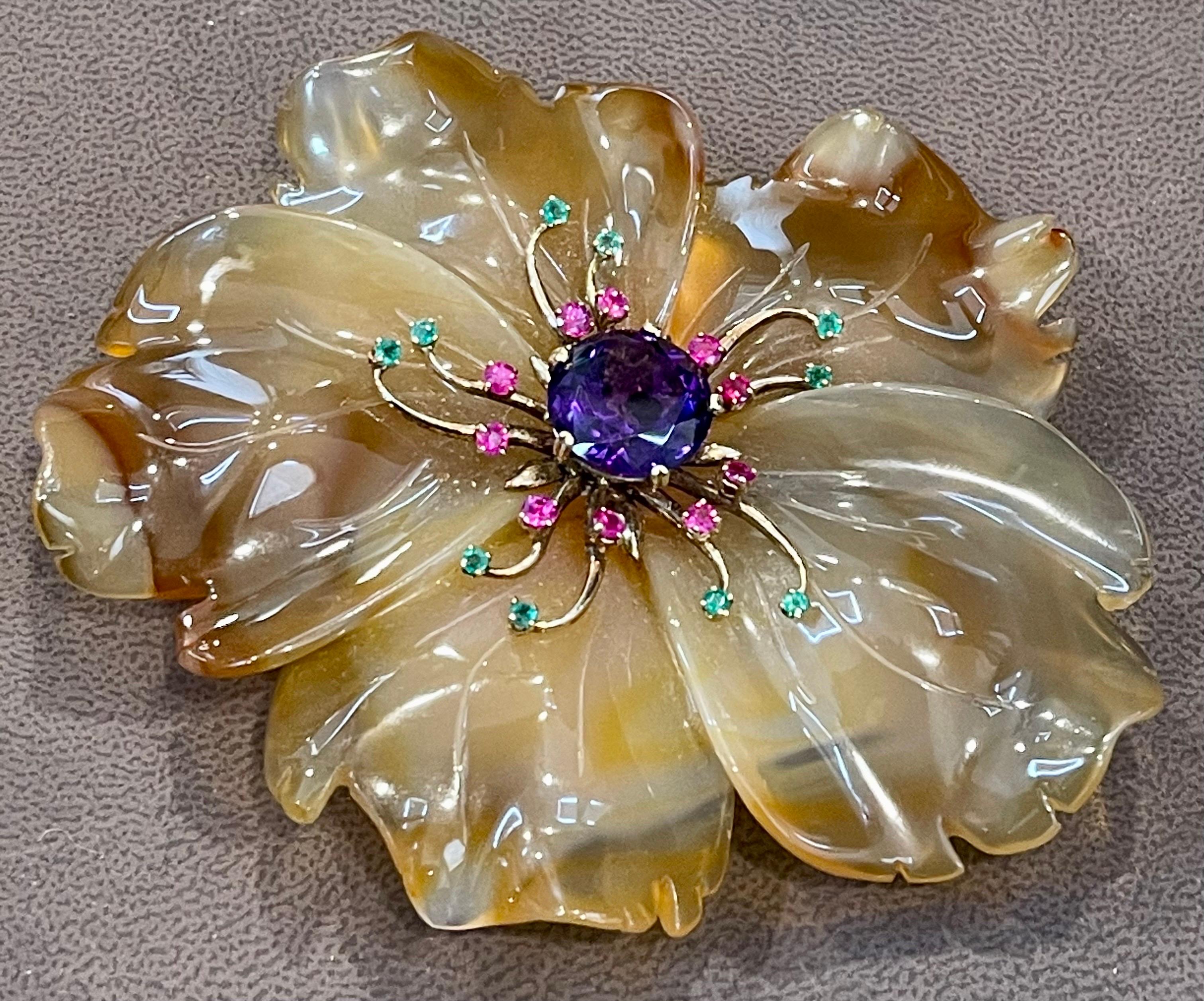 Women's 400 Carat Natural Agate, Amethyst, Ruby  and Emerald Big Flower Pin 14K Gold For Sale