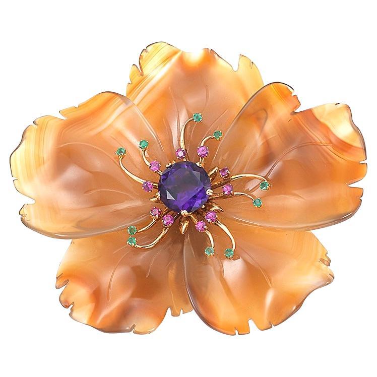 400 Carat Natural Agate, Amethyst, Ruby  and Emerald Big Flower Pin 14K Gold For Sale