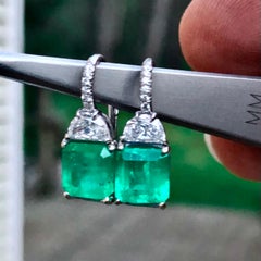 4.00 Carat Natural Colombian Emerald and Diamond Drop Platinum Earrings