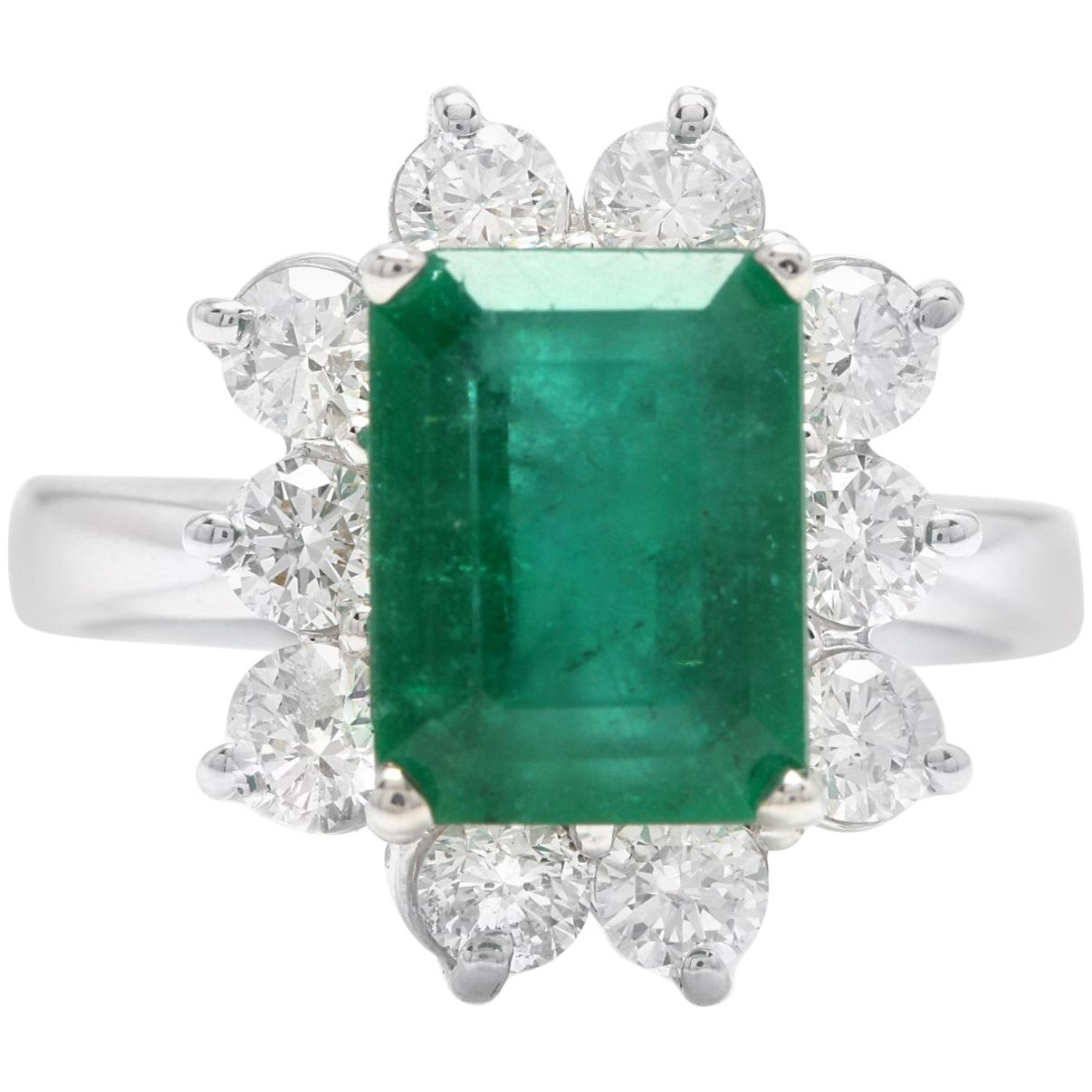 4.00 Carat Natural Emerald and Diamond 14 Karat Solid White Gold Ring For Sale