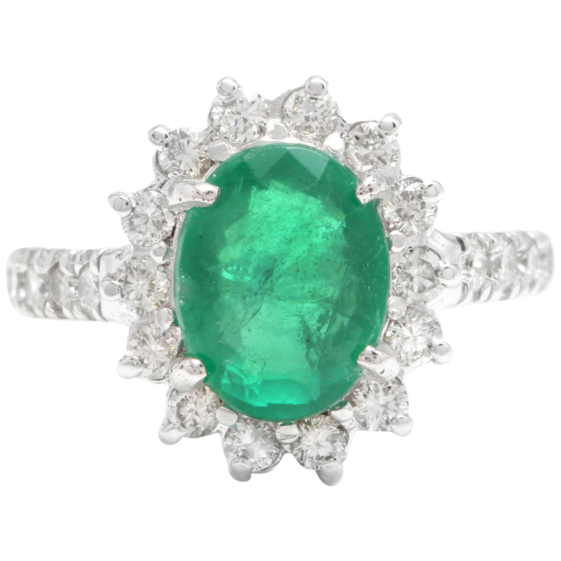 4.00 Carat Natural Emerald and Diamond 14 Karat Solid White Gold Ring For Sale