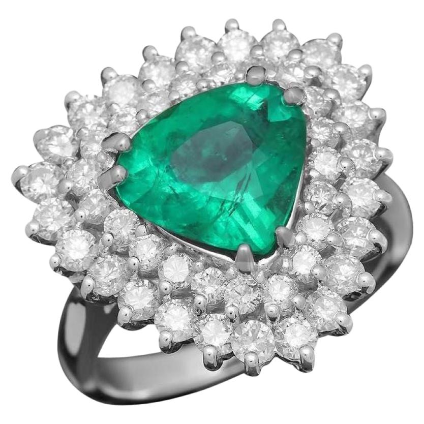 4.00 Carat Natural Emerald & Diamond 14k Solid White Gold Ring For Sale