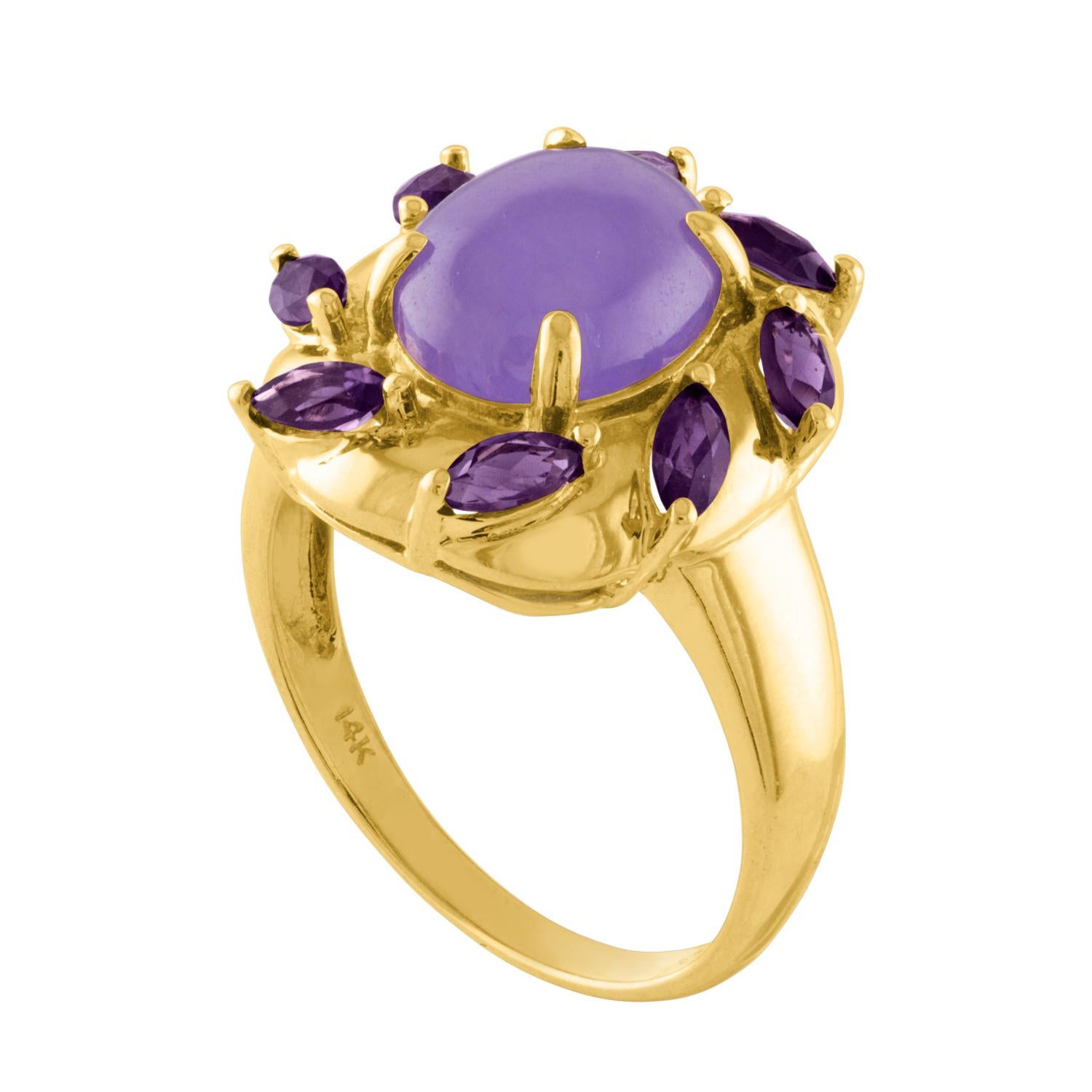 Stunning Vintage Piece
The ring is 14K Yellow Gold
The Center is a 4.00 Carat Jade
It is a Natural Lavender Violet Oval Cabochon Jade Jadeite
There is 1.00 Carats in Purple Amethyst Marquise Shape
The ring is a size 6, sizable
The ring weighs 3.5