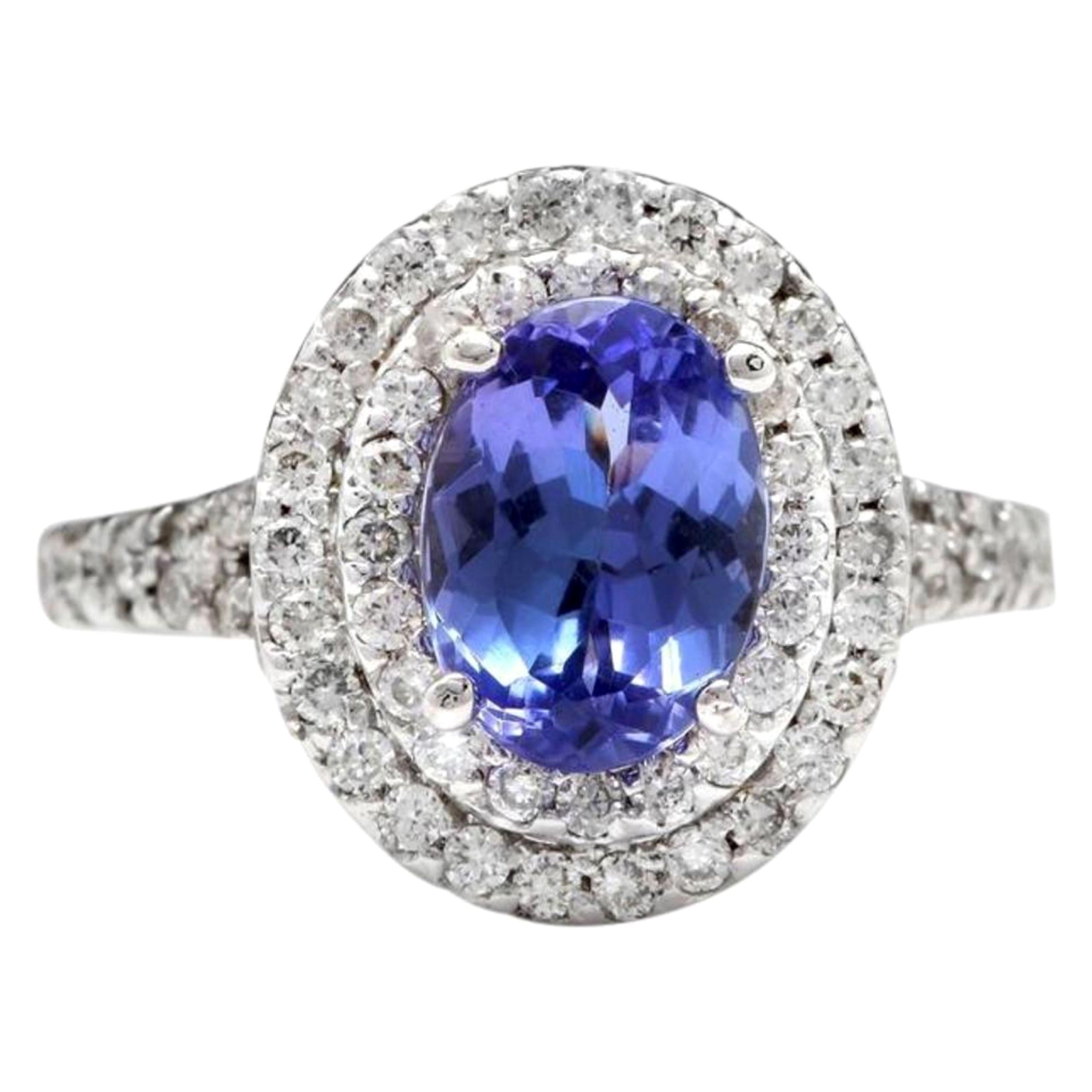 Anillo de oro blanco macizo de 14 quilates con tanzanita natural y diamante de 4,00 quilates