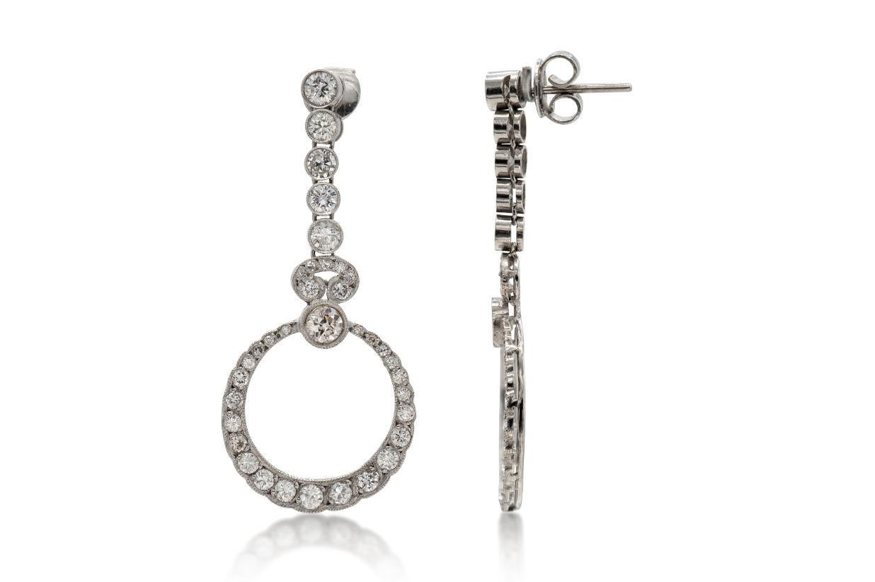 Pendientes Colgantes Círculo de Diamantes de Corte Europeo Antiguo de 4,00 Quilates Art Decó en venta