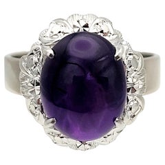 Vintage 4.00 Carat Oval Cabochon Amethyst Solitaire 10 Karat White Gold Cocktail Ring 