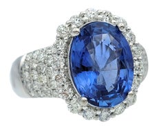 4.00 Carat Oval Cut Natural Blue Sapphire Ring with Diamonds 14 Karat White Gold