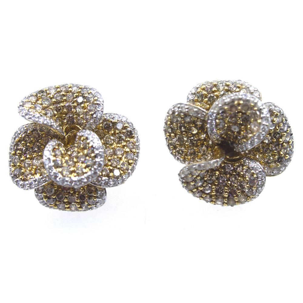 Modern 4.00 Carat Pave Diamond Floral 18 Karat Two-Tone Earrings