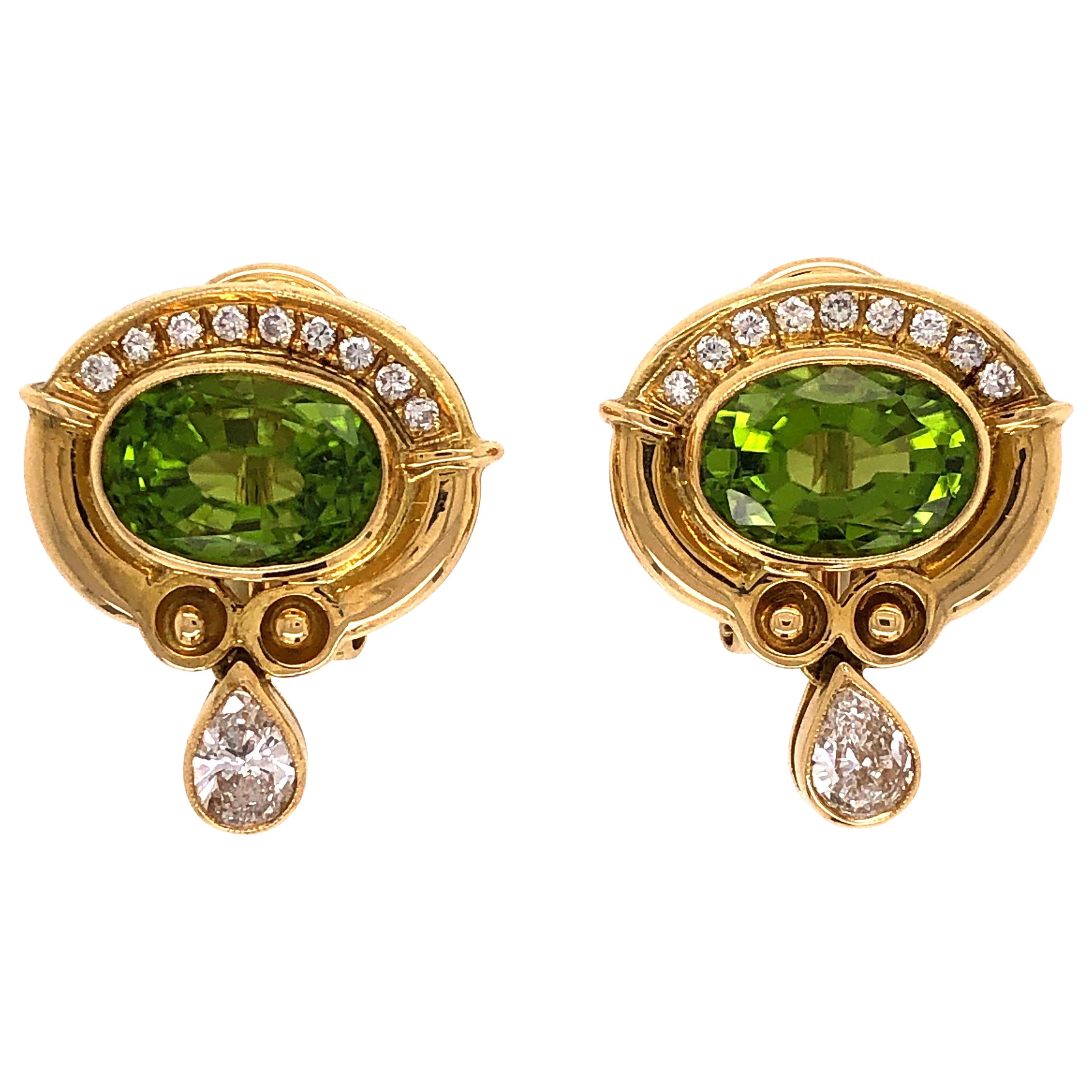 Vintage 4.00 Carat Peridot and Diamond Gold Earrings Fine Estate Jewelry