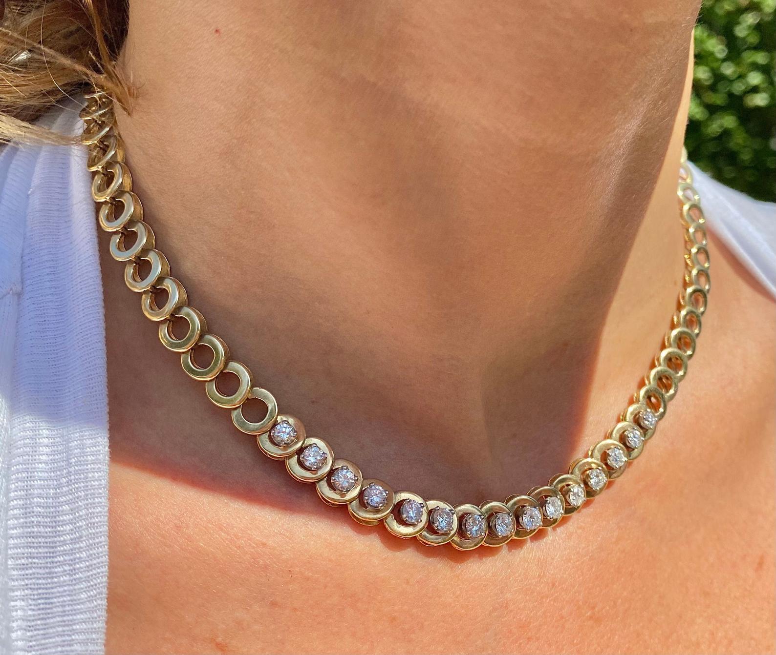 Adorned by approximately ~4.00 Carats of Round-Brilliant Cut Diamonds and set in 33 grams of 14K Yellow Gold. 

Details:
✔ Stone: Diamond
✔ Center-Stone Weight: ~4.00 Carats
✔ Stone Cut: Round-Brilliant
✔ Stone Color: White
✔ Necklace: 14K, ~4.00