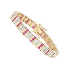 4.00 Carat Round Cut Ruby and Diamond Bracelet, 14 Karat Yellow Gold Link