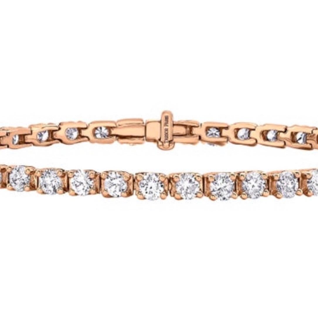 Modern 4.00 Carat Round Diamond 18 Kt Rose Gold Claw Set Line Tennis Riviera Bracelet For Sale