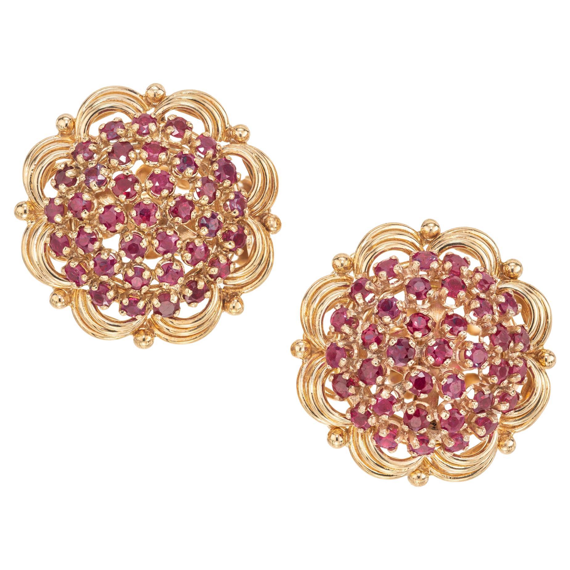 Mid-Century 4.00ct Ruby Cluster Earrings in 18k Yellow Gold, 1950s