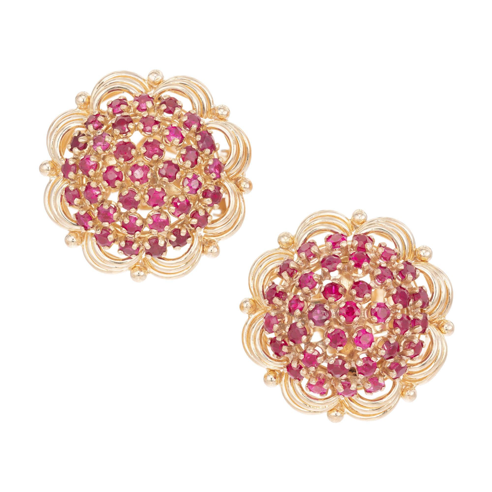4.00 Carat Ruby Yellow Gold Clip Post Midcentury Cluster Earrings For Sale