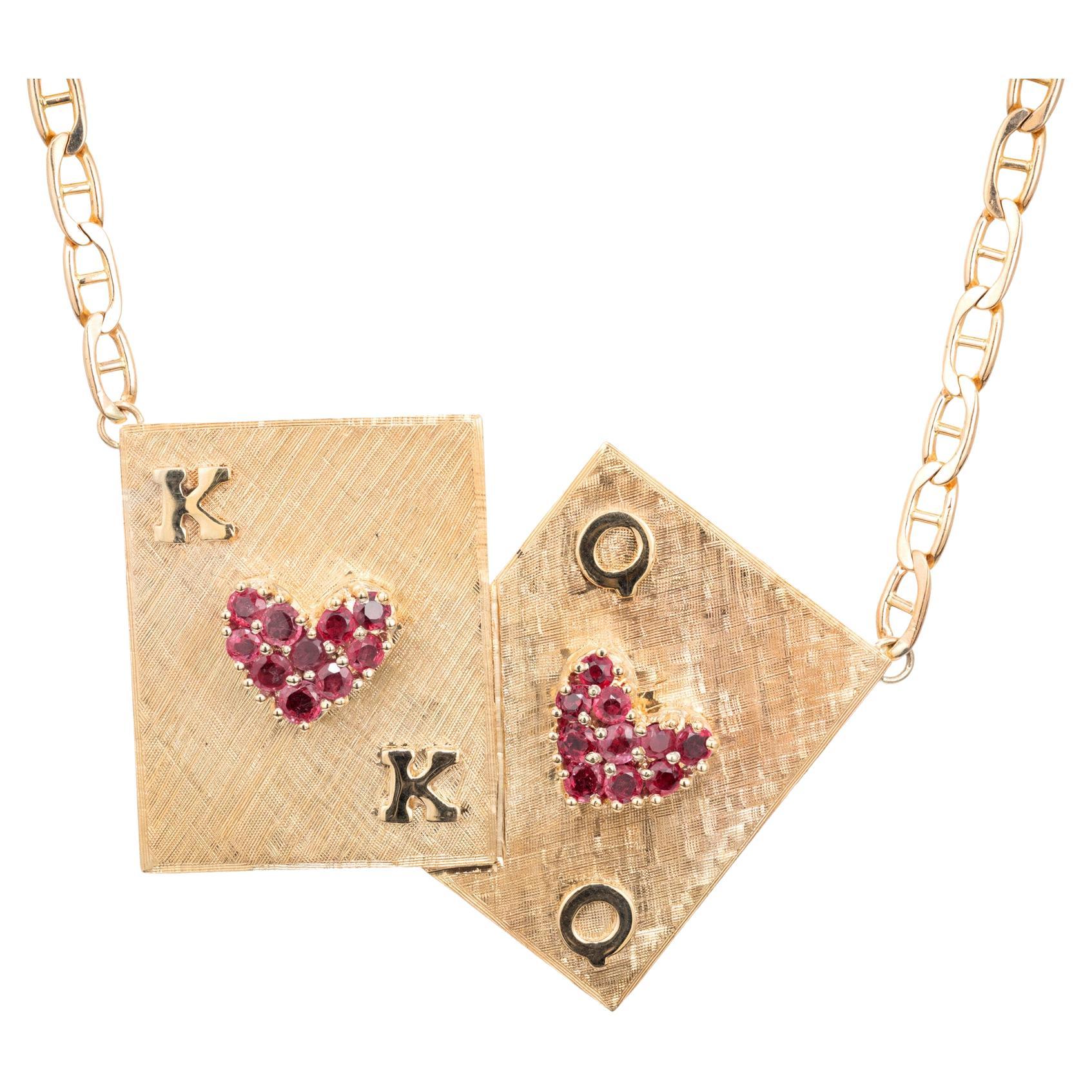 4.00 Carat Ruby Yellow Gold King and Queen of Hearts Poker Card Pendant Necklace For Sale